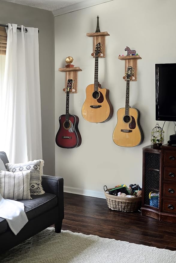 Keebofly 3-Pack Guitar Wall Mount Hangers - Rustic Wood Brown Guitar Stand with Pick Holder - Acoustic, Electric, Ukulele, Bass & Mandolin [Patented]