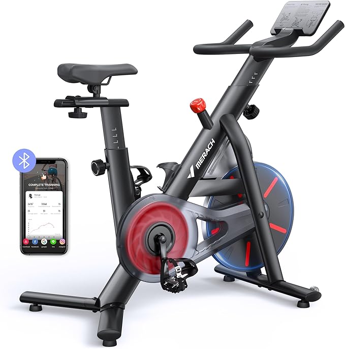 Merach Exercise Bike, Magnetic Friction Stationary Bike with Brake Pad and Exclusive App, Low Noise Indoor Cycling Bike with 300lbs Weight Capacity, Tablet Mount and Fitness Courses for Weight Loss