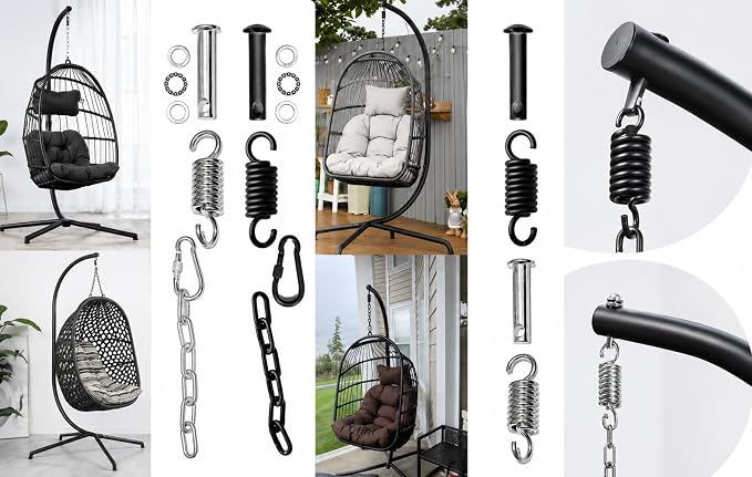 Patio Swing Egg Chair Hanging Kit with Spring, Pin Plug & Snap Hook – Heavy Duty Hammock Chair Hardware Accessories for Single Egg Chair with Stand, 550 lbs Capacity