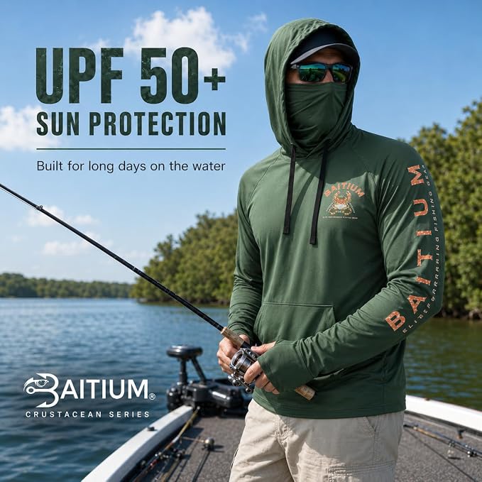 Fishing Shirts for Men,UPF50 Hooded Long Sleeve with Gaiter, Sun Protection Dry Fit Apparel, Face Mask, Fishing Clothes
