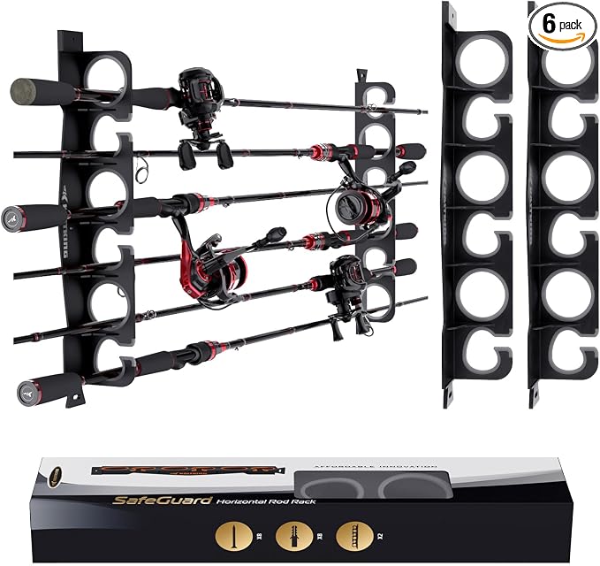 KastKing SafeGuard Fishing Rod Holder for Garage, Wall or Ceiling Mounted Fishing Rod Rack Storage Organizer, Fishing Pole Holder Holds 6 Rods or Combos in Less Than 18 Inches