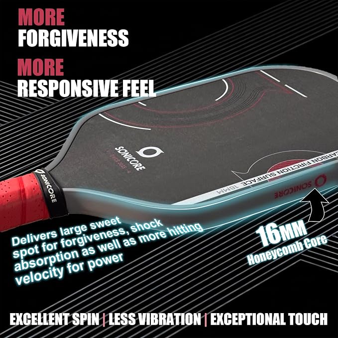 Pickleball Paddle Set, T700 Carbon Fiber, 16mm Core for Control & Spin, Includes 1 Paddle, Paddle Sleeve Cover, 2 Wristbands & 1 Grip Tape | Sonicore CourtVibe