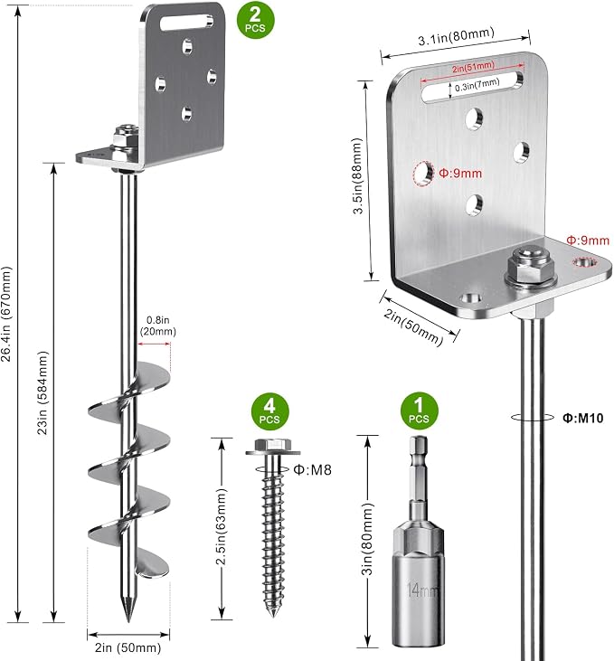 BeneLabel 2/4/6 Pack 18" 24" Ground Anchors Screw in Shed Anchor with L Bracket Trampoline Anchor Spiral Swingset Anchors for Swing Set, Mobile Home, Fence, Playset, Tent, Canopy, Carport