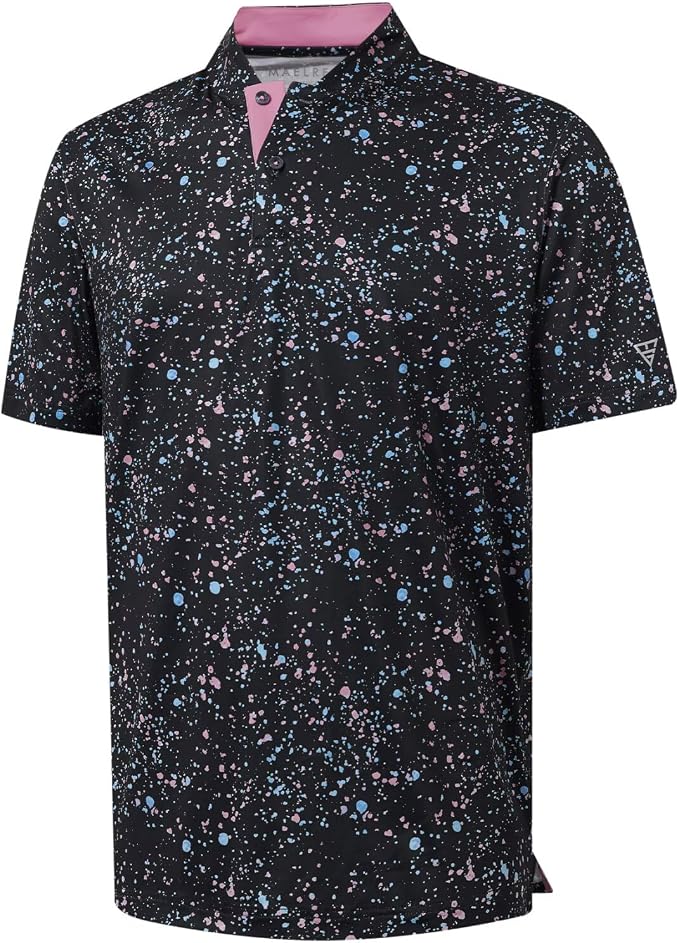 M MAELREG Golf Shirts for Men Collarless Performance Dry Fit Stretch Henley Casual Printed Mens Polo Shirts Short Sleeve