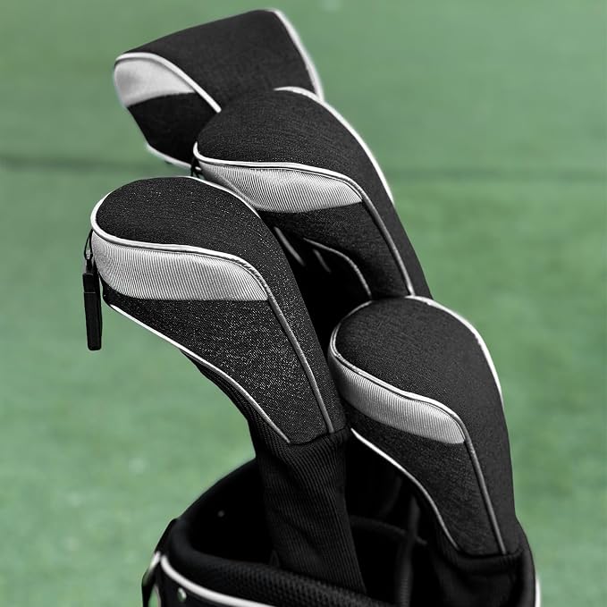 Andux 4pcs/Set Nylon Golf Wood Club Head Covers with Long Neck | for 460cc Driver Fairway Wood Club Silver Piping Pull-On Closure