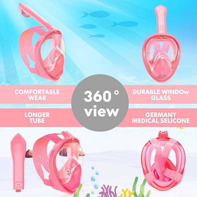Kids Snorkel Mask Full Face, Snorkeling Gear for Kids with Camera Mount, 180 Degree Panoramic View Snorkeling Set Anti-Fog Anti-Leak
