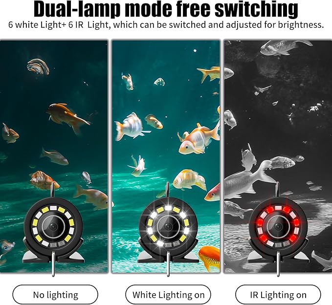 Underwater Fishing Camera, 7 inch HD IPS Monitor 1200TVL IP68 Wateproof Camera with 6 Pcs LED Lights + 6 Pcs IR Infrared Lights, 165°Wide Angle for Ice, Boat and Lake Fishing(50 FT/15 M)