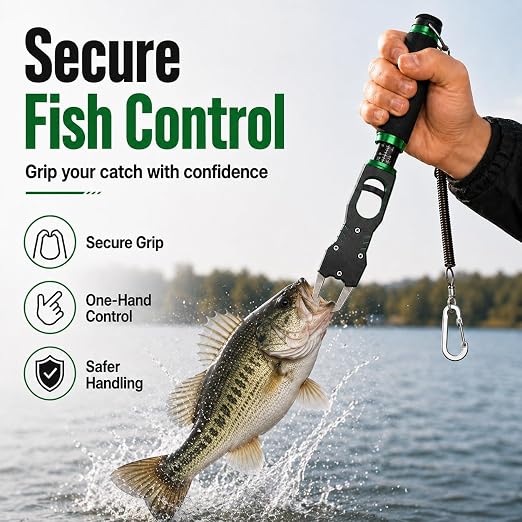 XKCZ 2-in-1 Fish Gripper with Scale, 40lb Fish Lip Gripper, One-Hand Fish Grabber with 360° Swivel, CNC-Machined Aluminum Fishing Gripper Tool with Lanyard for Bass, Saltwater Freshwater Fishing