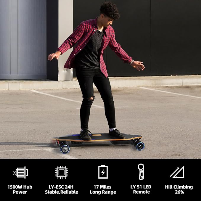 A1 Electric Skateboard with Remote, Rang Up to 17 Miles/24, 8 Ply Canadian Maple, Smooth Breaking, Suitable for Younger Beginners