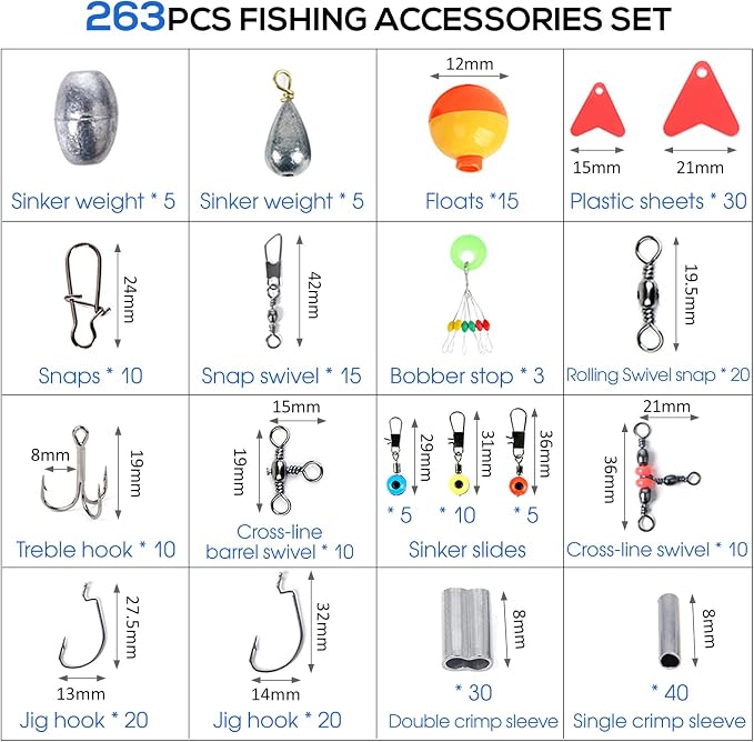 263pcs Fishing Accessories Set with Tackle Box Including Plier Jig Hooks Sinker Weight Swivels Snaps Sinker Slides