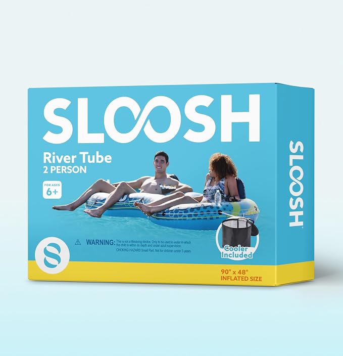 SLOOSH 2-Person Inflatable River Tube - Heavy Duty River Run Tubes Pool Lake Floats for Adults, Large Floating Raft Lounge Above Water Floaties with 2 Cup Holders & Removable Cooler