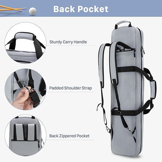 GOBUROS 4x5 Pool Cue Case, Billiard Stick Carrying Case Holds 4 Butts and 5 Shafts, Soft Pool Stick Bag with Large Front Accessories Pockets and Shoulder Strap for Easy Carry