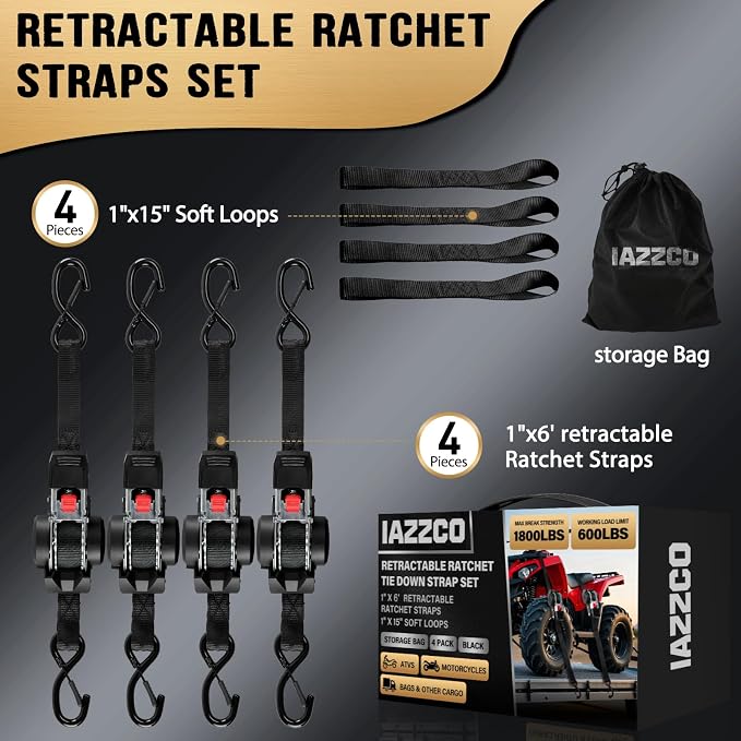 6FT Retractable Ratchet Straps(4-Pack) - 1 Inch (1800 LB Break Strength) Heavy Duty Self Retracting Ratchet Straps with Soft Loops & Storage Bag for Household, Motorcycle, Truck, ATV(Black)