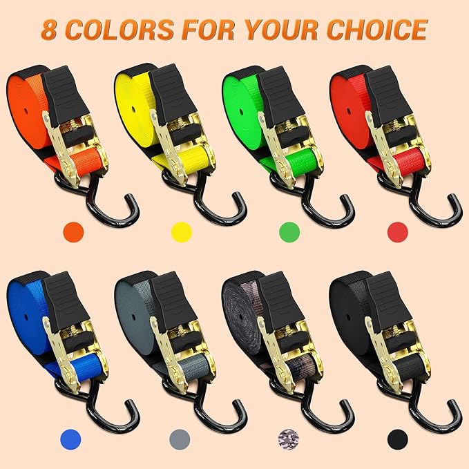 Ratchet Tie Down Strap 8-Pack 15 Ft - 500 lbs Load Cap with 1500 lbs Breaking Limit, Ohuhu Ratchet Tie Downs Logistic Cargo Straps for Moving Appliances, Motorcycle, Black