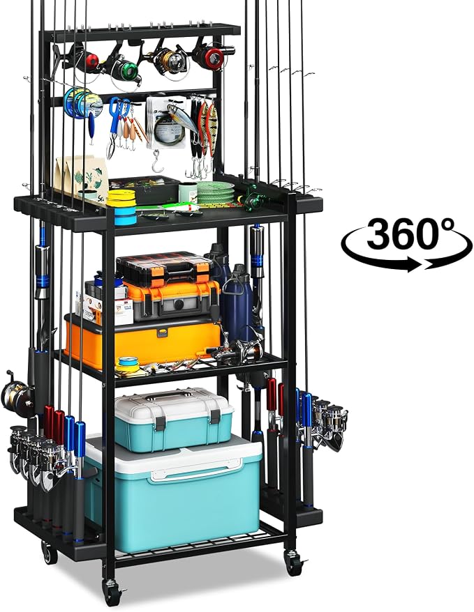 TC-HOMENY 3-Tier Fishing Rod Holder for Garage, Multifunctional Fishing Pole Rack Cart with Wheels Storage up to 12 Rods, Fishing Tackle Gear Organizer Storage rack for Room, Garage, Basement, Black