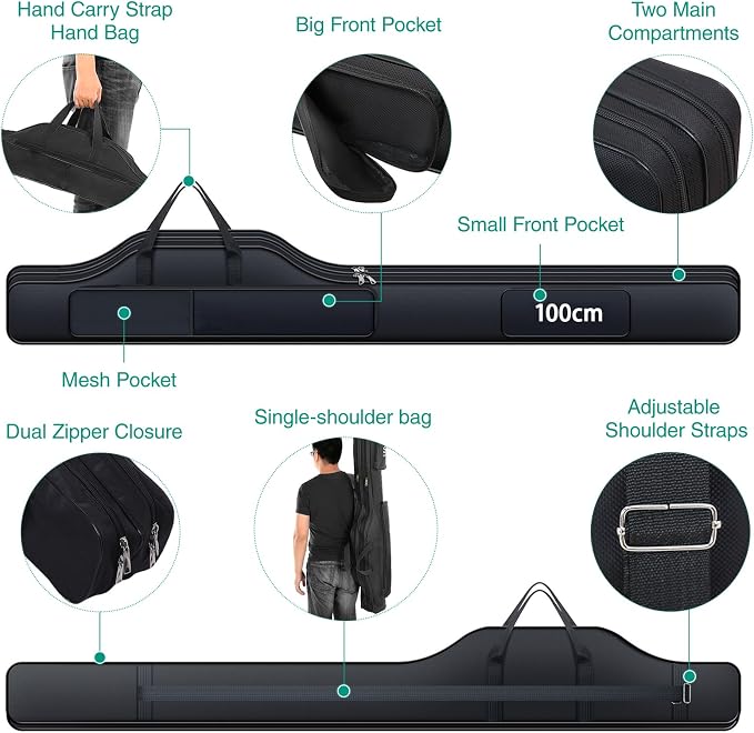 Fishing Rod Case with Fishing Tackle Box Portable Folding Rod Case Pole Reel Storage Bag Gears Organizer (100CM)