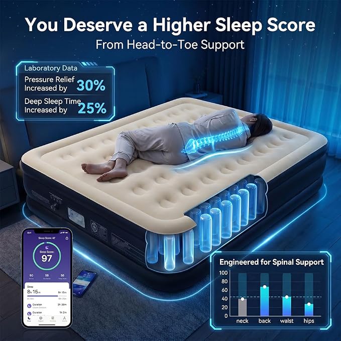 SENNOUL Air Mattress Queen with Built in Pump, Inflatable Mattress Blow Up Mattress 18 Raised Comfort,Upgraded Surface Portable Bed, Air Bed for Home, Guest, Camping, Colchone Inflable, 650 lbs
