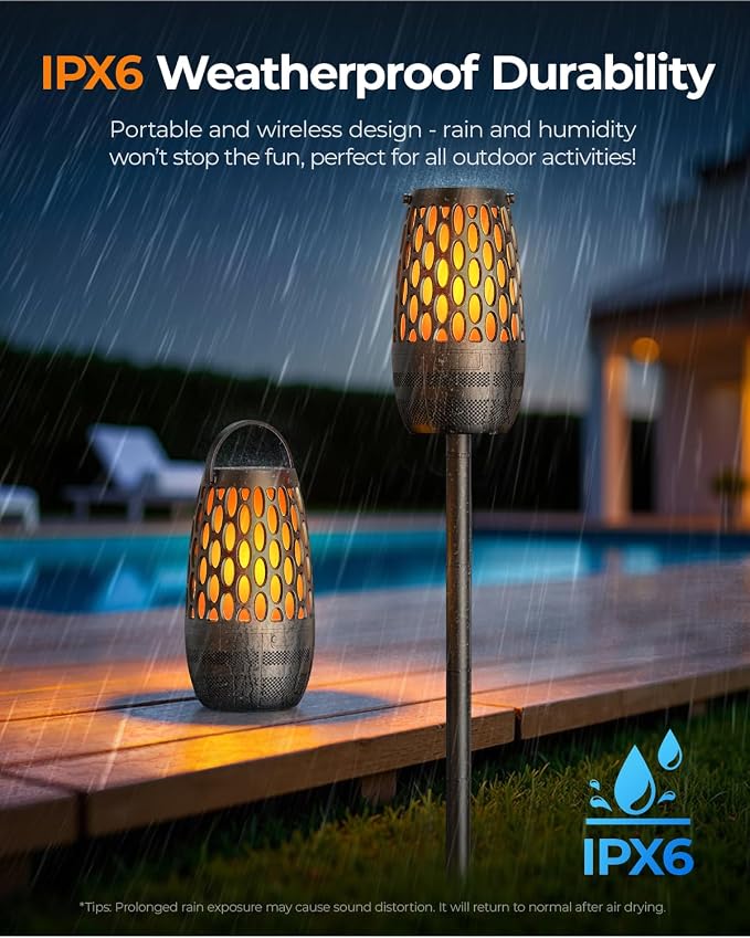 Outdoor Speakers Bluetooth Waterproof IPX6 with Flame Lights, Gadget Gifts for Men/Dad, Hd Stereo Sound, BT 5.3 Multi-Sync to 100 Speakers, Portable Wireless Speaker for Patio Cafe Decor Party