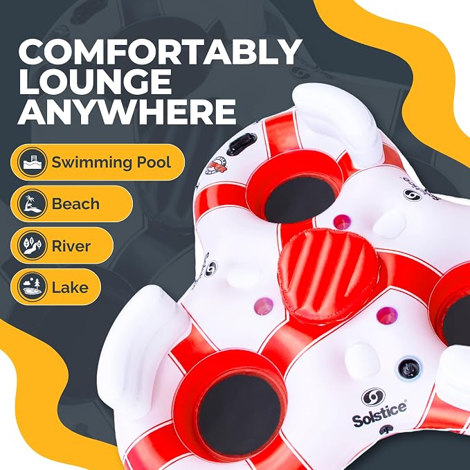 SOLSTICE Inflatable Tube Float – Heavy-Duty Material with Grab Handles for Pool, Lake & River – Compact with Backrest, Mesh Base, Cupholders & Rope – 3-Person, White & Red, 81" – Super Chill