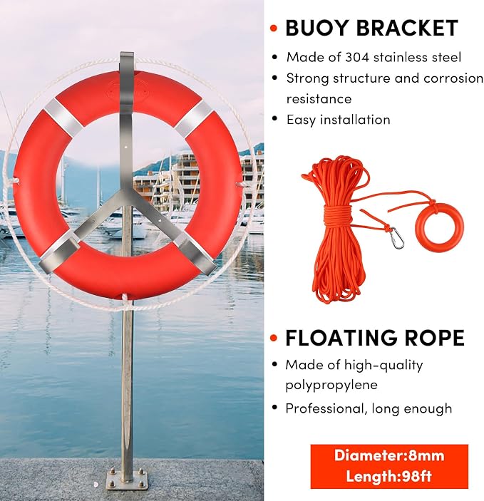 Life Ring, 23"/28" Boat Safety Throw Rings, Life Preserver Ring with Bracket and 98.5 FT Floating Rescue Rope, Outdoor Professional Throwable Flotation Device