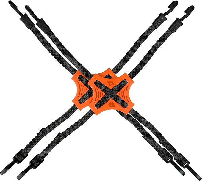 Tack Strap – 4-Way Flat Bungee Cord with Rubber Pad Grip, Non-Slip Tie Down Straps for Motorcycle, ATV, Kayak, Cycling, Camping, Truck Storage, Adjustable Bungee Cords - 2 Pack (Orange)