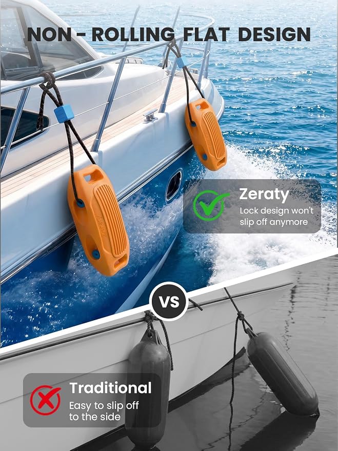 Zeraty Solid EVA Boat Fenders 1-2-4 Packs, 17''x8'' No-Deflation Dock Bumpers with Adjustable Ropes, Modular Stackable Non-Rolling Marine Hull Protector for Pontoon, Yacht, Bass, Jet Ski and Jon Boats