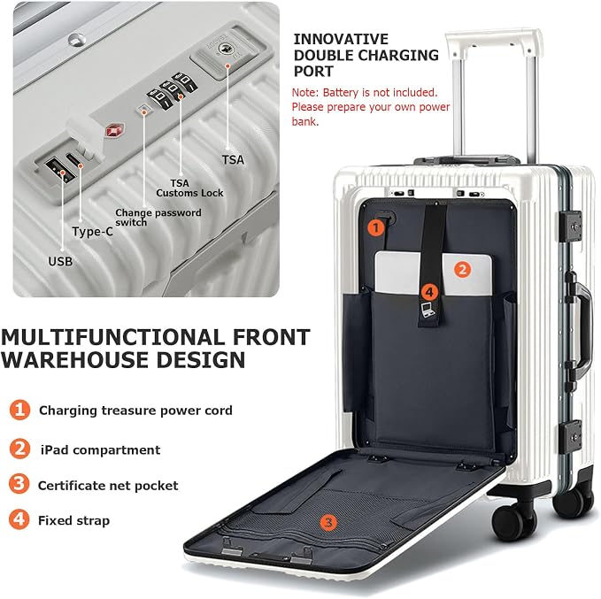 feilario Aluminium Frame PC Hard Shell Spinner Wheels Luggage,22.5"X15"X9.5" Airline Approved Built-In TSA lock Carry on Suitcase, with Cup Holder, USB Port, Phone Holder
