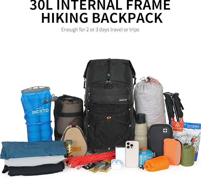 IX INOXTO Hiking Backpack for Men and Women, 30L Waterproof Camping Backpack with 3L Water Bladder and Rain Cover, Lightweight Outdoor Sport Travel Daypack Rucksack for Climbing Cycling (Black)