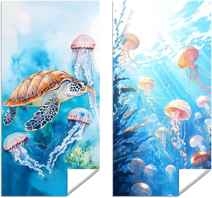 2 Pcs Microfiber Beach Towel Sand Free Quick Dry Oversized Lightweight Absorbent Jellyfish Underwater Life Pattern Blue Pink Orange Pool Towels for Adults Travel Swim 71 x 32 Inches