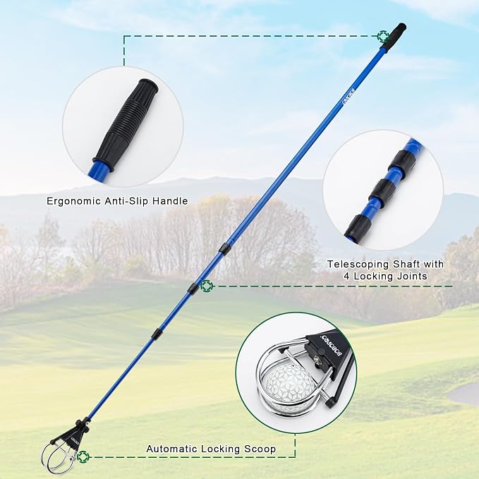 BOBOPRO Golf Ball Retriever Telescopic for Water,12Ft/15Ft Ball Retriever Tool Golf,Stainless Locking Head and Dual-Zip Headcover,Golf Ball Grabber with Non-Slip Handle,Aluminum Extendable Shaft