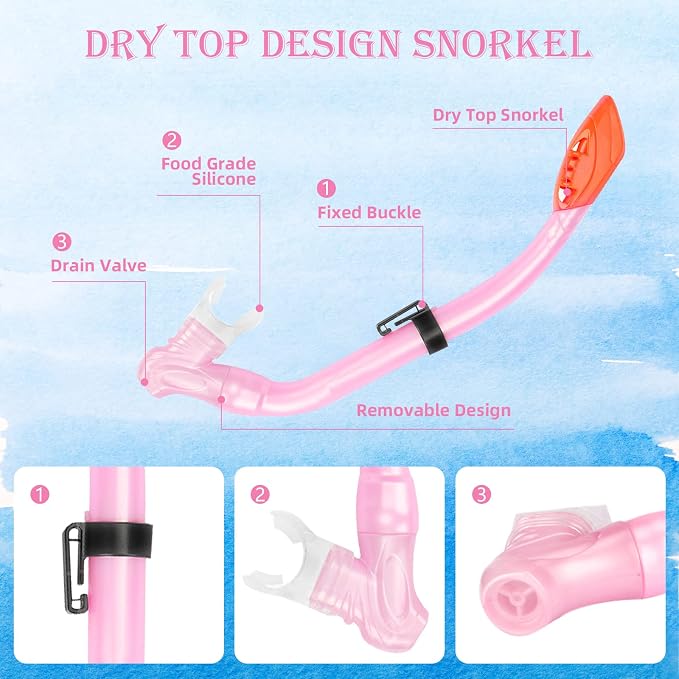 Kids Snorkeling Set - Adjustable Flippers + Panoramic Snorkel Mask + Dry Snorkel Tube + Travel Bags - Suitable for Kids & Juniors, Age 5-14