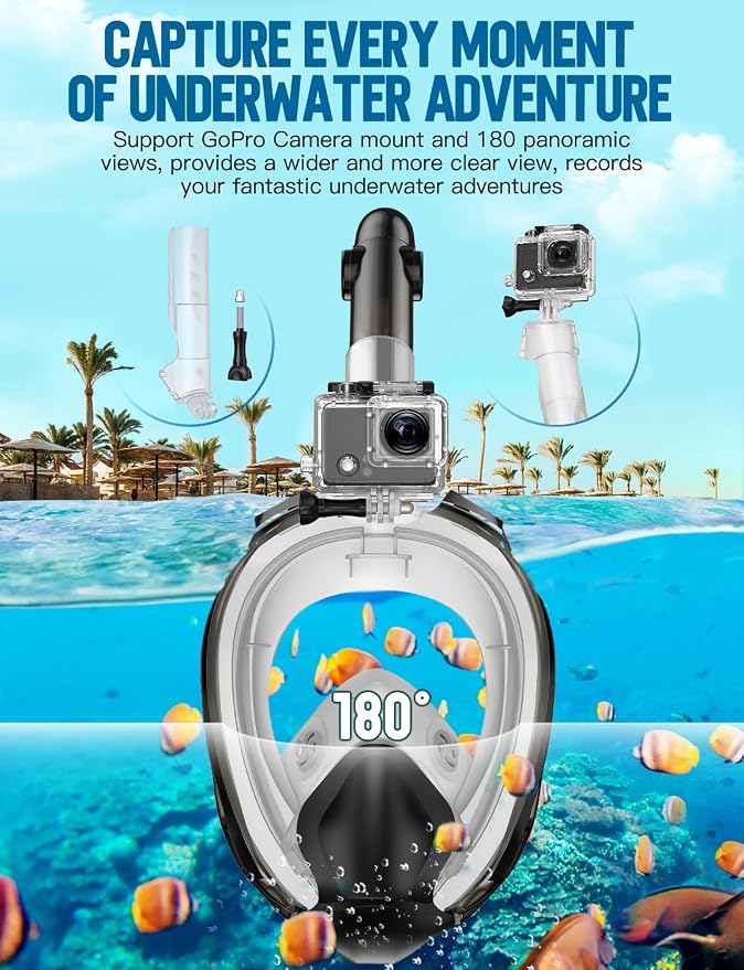 Full Face Snorkel Mask for Adults, 180° Panoramic Anti-Fog Snorkeling Gear with Dry Top System & Camera Mount, Foldable Anti-Leak Design for Travel, Swimming & Ocean Snorkeling