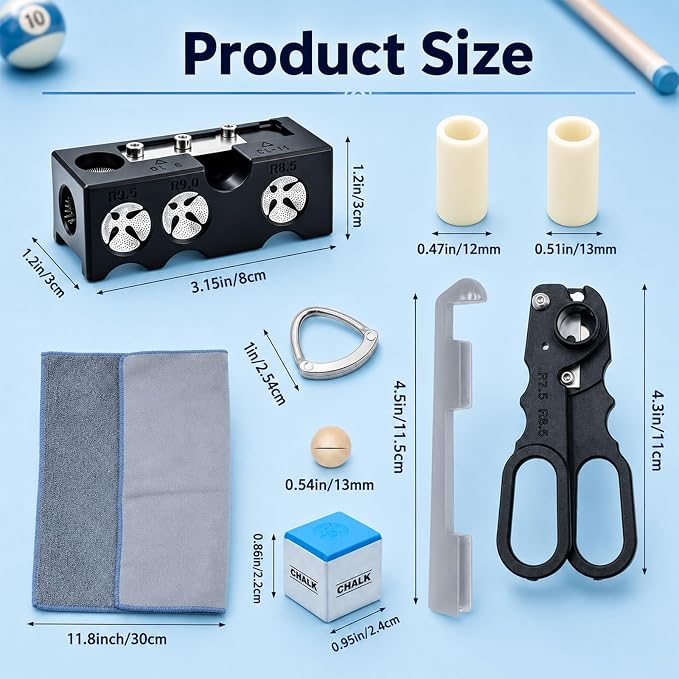 Pool Cue Tips Replacement Kit, 13mm Pool Stick Tips Replacement Kit Billiards Cue Tips Shaper Tools, Pool Cue Replacement Tips Repair Kit Billiard Pool Accessories