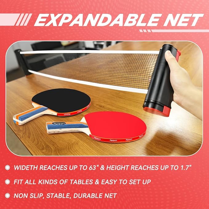 FBSPORT Ping Pong Paddle Set, Table Tennis Set with 4 Rackets and 8 Balls, Retractable Net with Storage Bag - Pingpong Paddle Accessories for Indoor/Outdoor Games