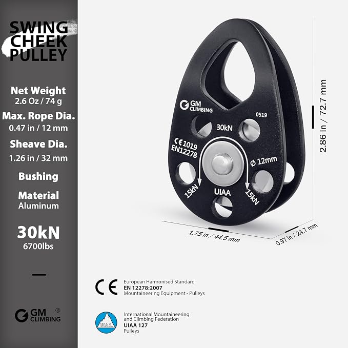 GM CLIMBING Swing Cheek Micro Pulley 30kN CE UIAA Certified