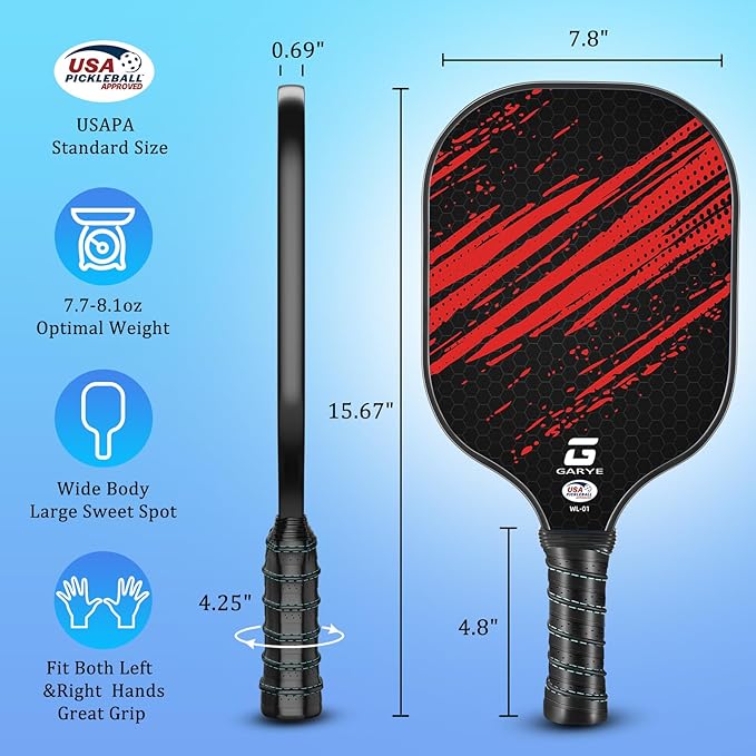 GARYE Pickleball Paddles Set of 4, Carbon Fiber Pickle Ball Paddle, USAPA Approved Lightweight Rackets 4 Pack for Adults and Teenagers, Includes 6 Balls, 1 Bag, and 4 Grip Tapes