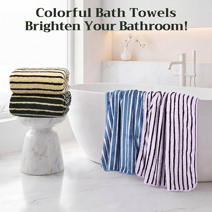 Mindsoft 4 Pcs Microfiber Stripe Bath Towels 27'' x 55'' Soft Highly Absorbent Shower Towels with Hang Loop Large Colorful Light Weight Bathroom Towel Sheet for Beach Travel Spa Gym Camp(Dark)