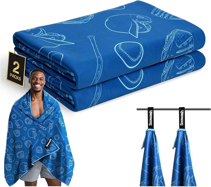 Microfiber Sweat Towel Quick Dry Lightweight Absorbent 2 Pack,Fast Drying 30‘’ X 60‘’ Negative Ions Odorless Gym Towels for Men & Women Yoga Gym Travel Outdoor Camping Beach (Marine Blue Hat)