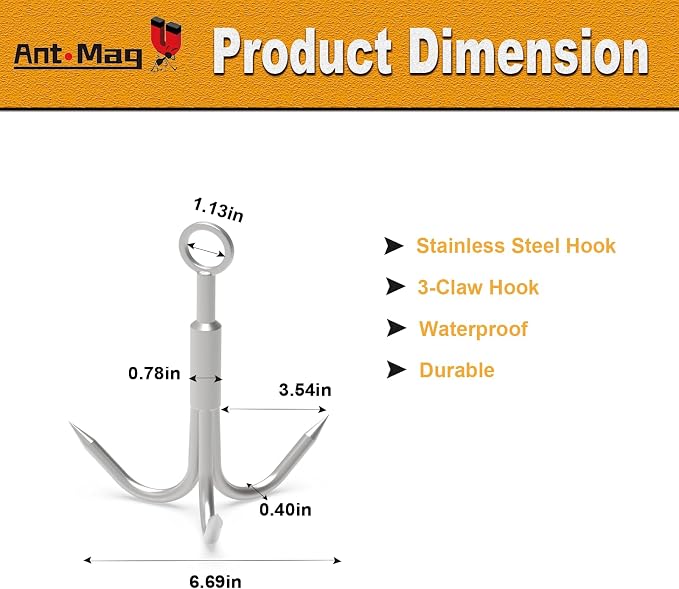 Ant Mag Grappling Hook with Claw Tips - Heavy Duty Stainless Steel Carabiner for Camping, Hiking, Tree Climbing, Water Retrieval & Salvage Operations