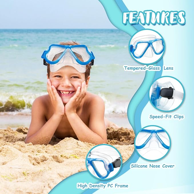 Snorkeling Gear for Kids, 4 in 1 Child Mask Fins Snorkel Set with Panoramic View Anti Fog Mask, Dry Top Snorkel, Trek Fins and Travel Bag, Kids Snorkeling Set with Fins for Snorkeling Swimming