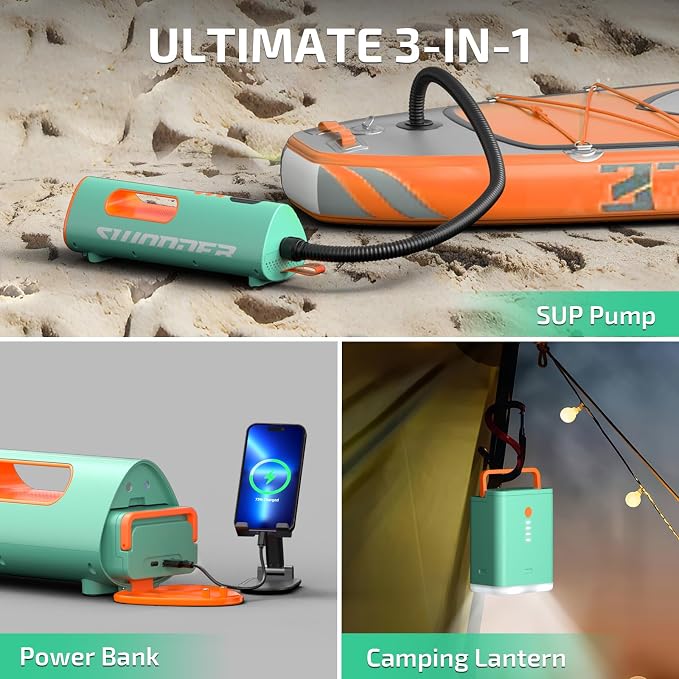Swonder SeaFalcon Paddle Board Pump, 5200mAh Rechargeable High-Pressure Electric Air Pump with Removable Battery, Portable 3-in-1 Air Inflator with Power Bank & Camping Light