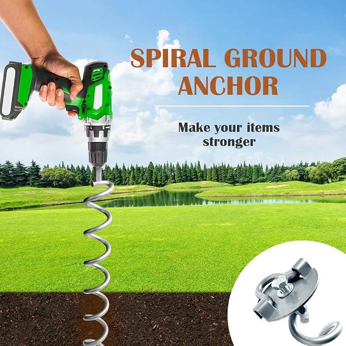 MIXXIDEA 17.5 Inch Gound Anchors Screw in, Metal Spiral Earth Anchors Kit, Heavy Duty Folding Ring Spiral Stake with Straps, Ground Stakes for Tent Trampolines, Sheds, Swings (Silver, 17.5 Inch)