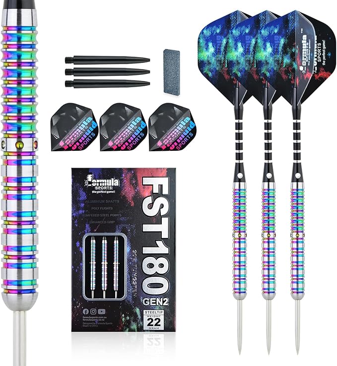Formula Sports 90% Tungsten Steel Tip Darts Set - Professional Darts Metal Tip Set Available in 21g/22g/23g/24g, with Aluminum Shafts, Tungsten Barrels, Extra Flights, Sharpener