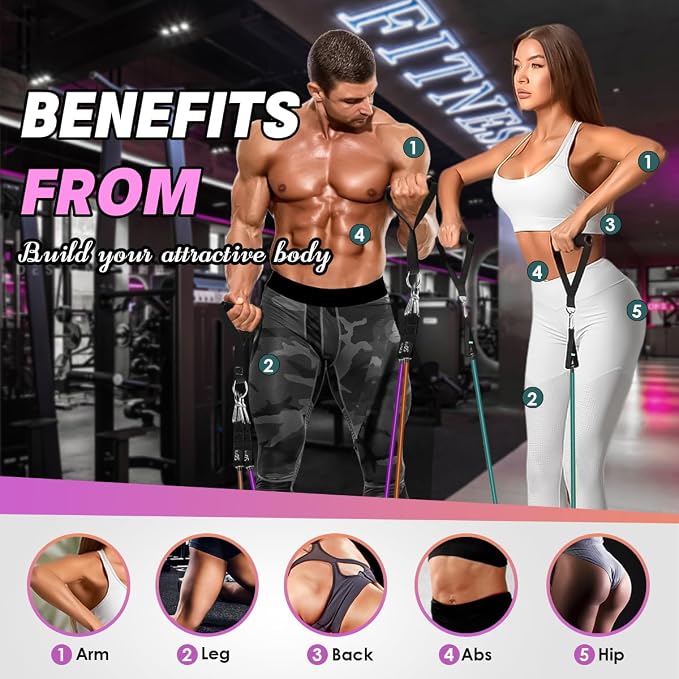 WHATAFIT Resistance Bands, Exercise Bands, Workout Bands with Handles, Door Anchor and Ankle Straps, 5 Resistance Levels Fitness Bands for Strength Training, Physical Therapy, and Home Gym Equipment