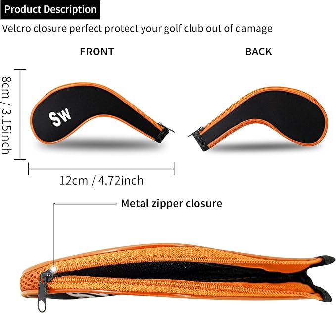 Golf Club 12pcs Thick Synthetic Zipper Long Neck Set Headcover Fit The Most Brands, Side Number Golf Iron Club Head Cover LW SW PW Covers #3,4,5,6,7,8,9