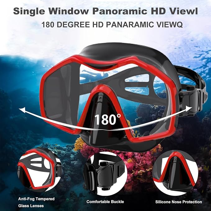 Snorkeling Gear for Adults,Mask Fins Snorkel Set,Panoramic View Diving Mask Anti-Fog,Dry Snorkel,Adjustable Swim Flippers and Travel Bag,Adults Snorkel Gear for Swimming Snorkeling Diving