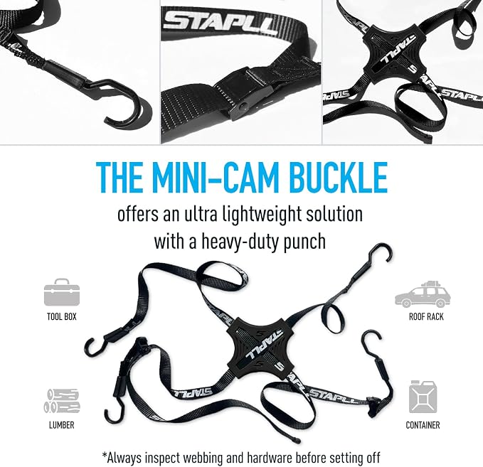 Cam Tack Strap, 4-Way Nylon Cam Buckle Tie Down Straps w/Adjustable Buckles & Anti-Slip Rubber Pad, Heavy Duty Hooks for Luggage, Coolers, Gear, Water Jugs, Tool Boxes – 2 Pack, Black