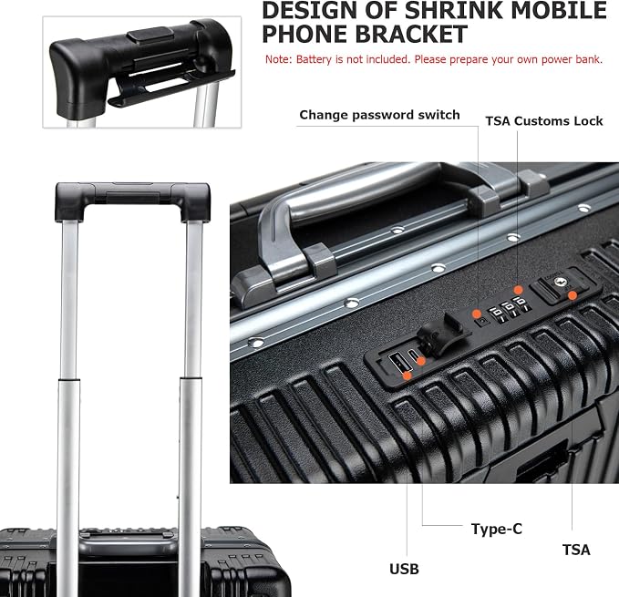 feilario Aluminium Frame PC Hard Shell Spinner Wheels Luggage,20.8"X15"X8.7 Airline Approved Built-In TSA lock Carry on Suitcase, with Cup Holder, USB Port, Phone Holder