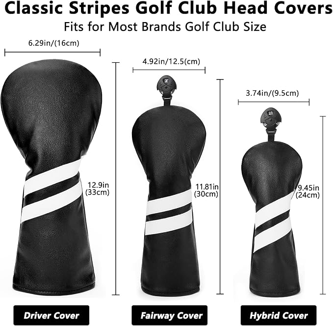 3PCS Vintage Golf Club Classic Green and Black Driver, Fairway Wood and Hybrid Head Covers Set PU Leather Headcovers with Interchangeable No. Tag