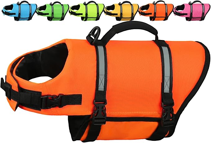 AMZNOVA Shark Dog Life Jacket + Rip Stop Dog Life Jacket, Durable Handle Reflective Buoyance
